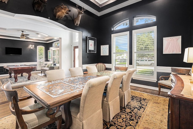 4925 Pine St, Bellaire, TX 77401 - dining room featuring ornamental molding, a ceiling fan, wood finished floors, billiards table, and a wainscoted wall