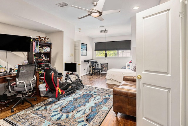 4925 Pine St, Bellaire, TX 77401 - office area with a ceiling fan, wood finished floors, and recessed lighting