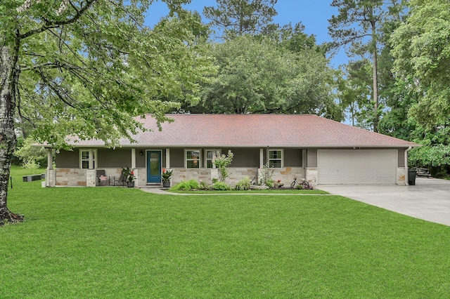 12626 Woodcreek Dr, Willis, TX 77318 - single story home with stone siding, a front lawn, driveway, an attached garage, and roof with shingles