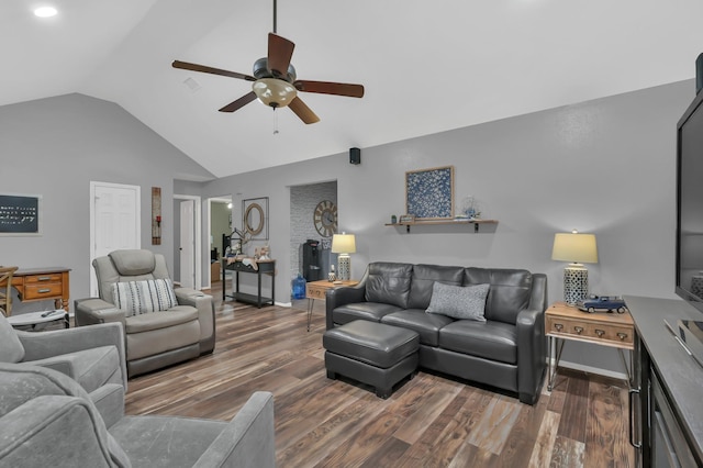 12626 Woodcreek Dr, Willis, TX 77318 - living room with a ceiling fan, lofted ceiling, and wood finished floors