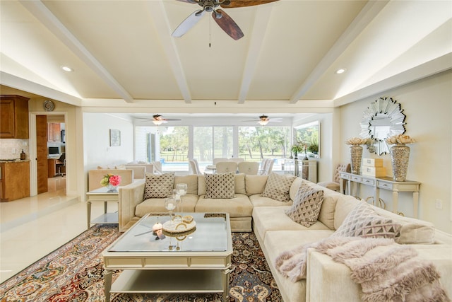 14227 Indian Wells Dr, Houston, TX 77069 - living room featuring ceiling fan, recessed lighting, and tile patterned floors