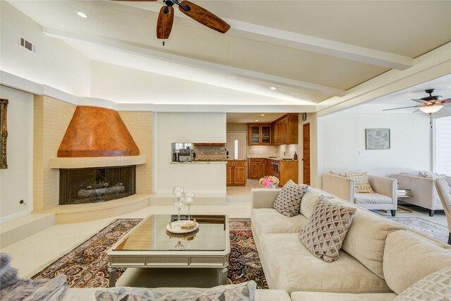 14227 Indian Wells Dr, Houston, TX 77069 - living room with a ceiling fan, a fireplace, and recessed lighting