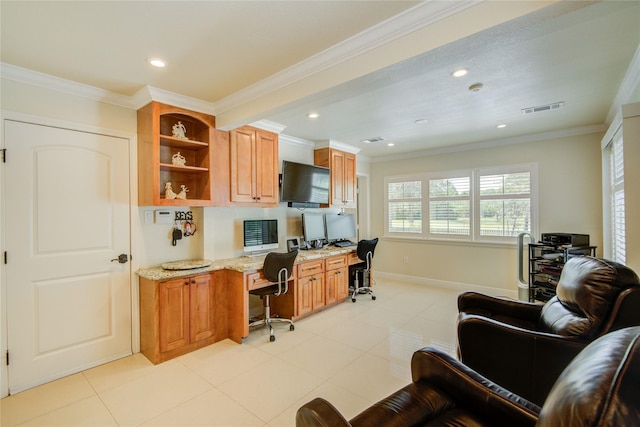 14227 Indian Wells Dr, Houston, TX 77069 - office space with built in desk, recessed lighting, light tile patterned flooring, and crown molding