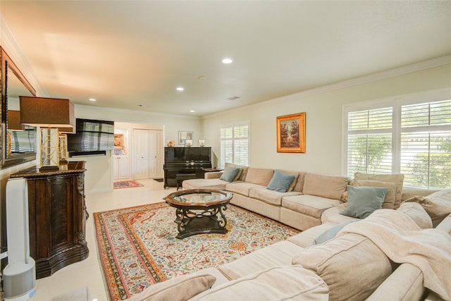14227 Indian Wells Dr, Houston, TX 77069 - tiled living area with ornamental molding and recessed lighting