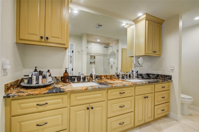 14227 Indian Wells Dr, Houston, TX 77069 - full bathroom featuring a stall shower, double vanity, recessed lighting, and tile patterned floors