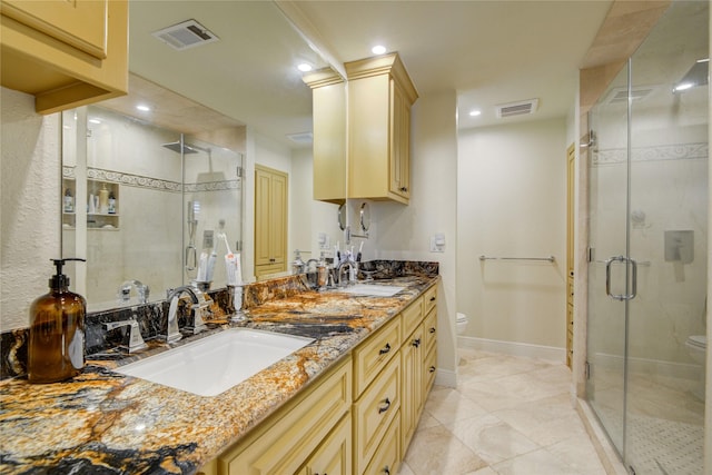 14227 Indian Wells Dr, Houston, TX 77069 - full bath featuring double vanity, a stall shower, recessed lighting, and tile patterned flooring