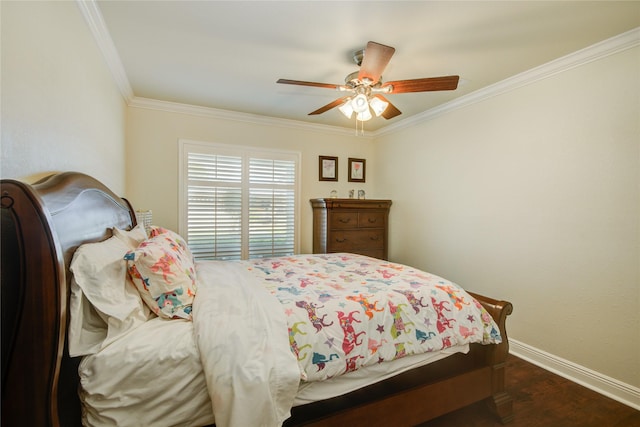 14227 Indian Wells Dr, Houston, TX 77069 - bedroom featuring ornamental molding, wood finished floors, and ceiling fan