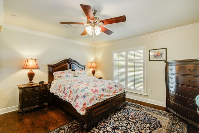 14227 Indian Wells Dr, Houston, TX 77069 - bedroom featuring ornamental molding, dark wood finished floors, and a ceiling fan