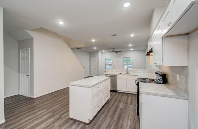 8718 Scott St Unit A B, Houston, TX 77051 - kitchen with dishwasher, black electric range oven, dark wood-type flooring, a ceiling fan, and recessed lighting