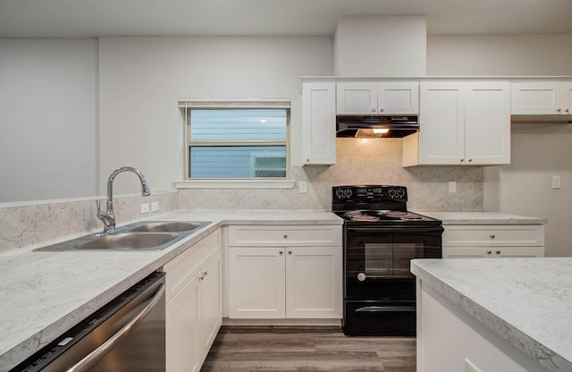 8718 Scott St Unit A B, Houston, TX 77051 - kitchen featuring electric range, ventilation hood, stainless steel dishwasher, and decorative backsplash