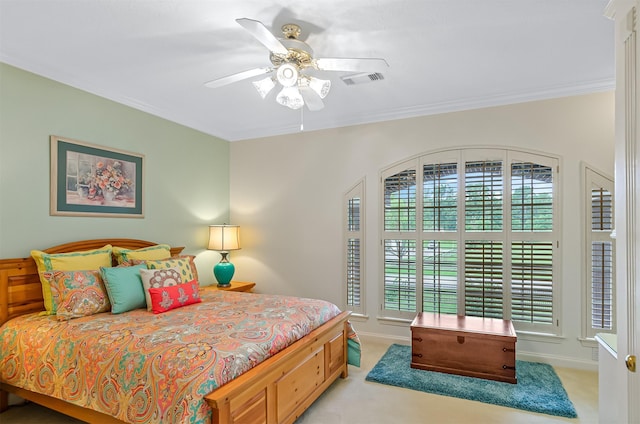 22222 Holly Creek Trl, Tomball, TX 77377 - bedroom featuring light colored carpet, ornamental molding, and ceiling fan
