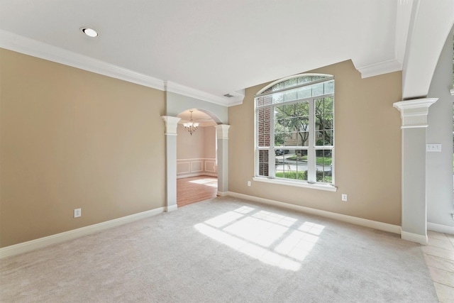 14210 Hansons Creek Ct, Houston, TX 77044 - empty room featuring arched walkways, decorative columns, ornamental molding, carpet flooring, and a chandelier