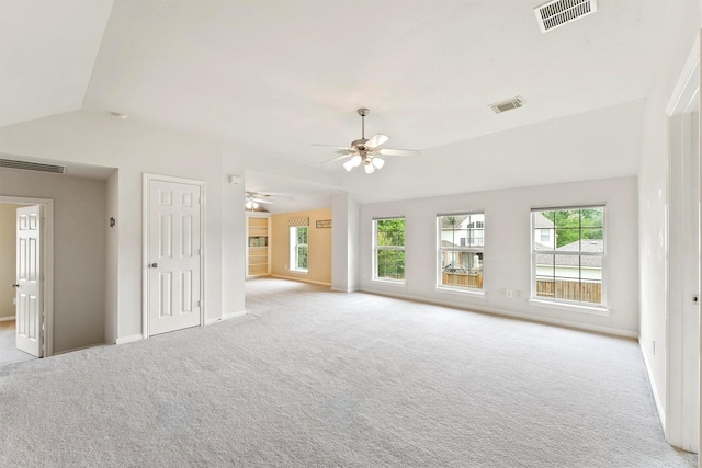 14210 Hansons Creek Ct, Houston, TX 77044 - unfurnished living room with lofted ceiling, plenty of natural light, light carpet, and ceiling fan