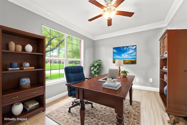 14210 Hansons Creek Ct, Houston, TX 77044 - office area featuring light wood-type flooring, plenty of natural light, ornamental molding, and ceiling fan