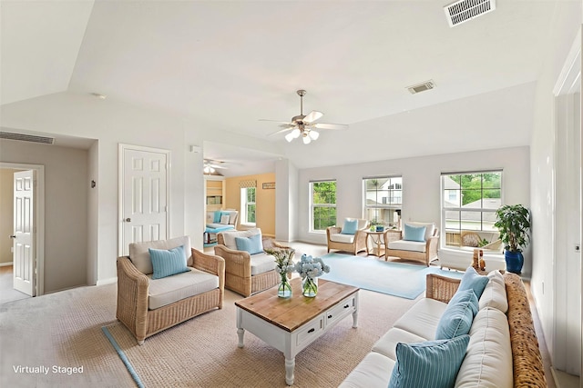 14210 Hansons Creek Ct, Houston, TX 77044 - living area featuring lofted ceiling, a ceiling fan, and light colored carpet