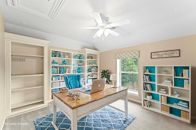 14210 Hansons Creek Ct, Houston, TX 77044 - office area featuring a ceiling fan, light carpet, and vaulted ceiling
