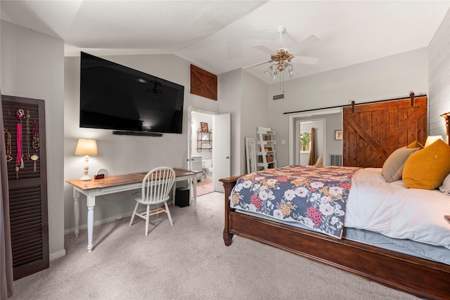 248 S Pathfinders Cir, The Woodlands, TX 77381 - carpeted bedroom featuring lofted ceiling, a barn door, and ceiling fan