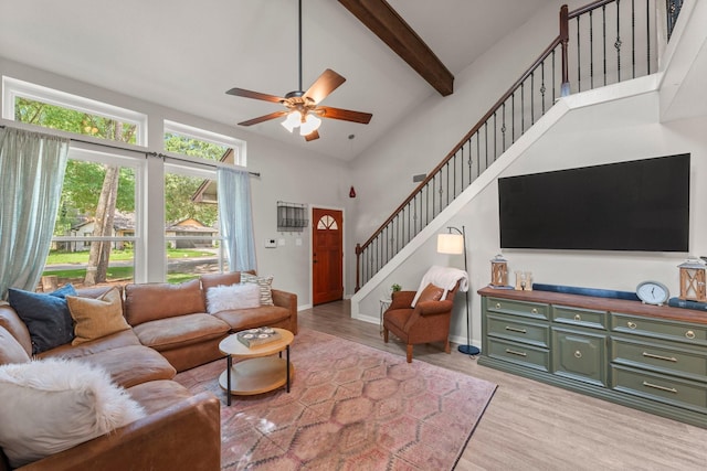 248 S Pathfinders Cir, The Woodlands, TX 77381 - living room featuring stairs, ceiling fan, light wood-type flooring, beam ceiling, and high vaulted ceiling