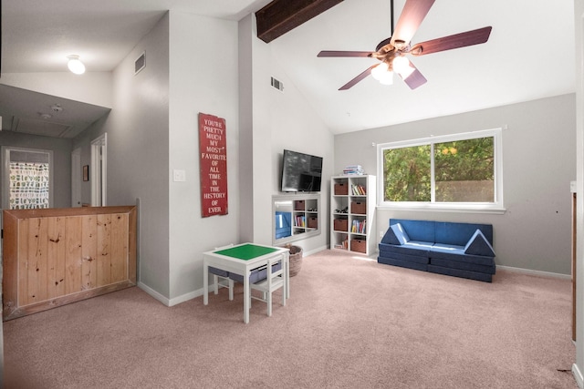 248 S Pathfinders Cir, The Woodlands, TX 77381 - game room with carpet, high vaulted ceiling, a ceiling fan, beam ceiling, and attic access
