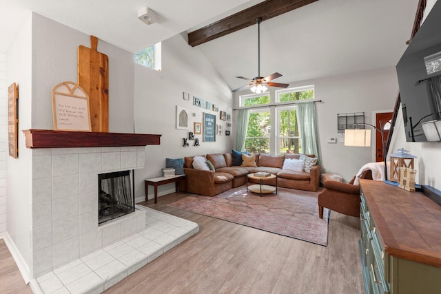 248 S Pathfinders Cir, The Woodlands, TX 77381 - living area featuring light wood-style floors, ceiling fan, beam ceiling, plenty of natural light, and high vaulted ceiling