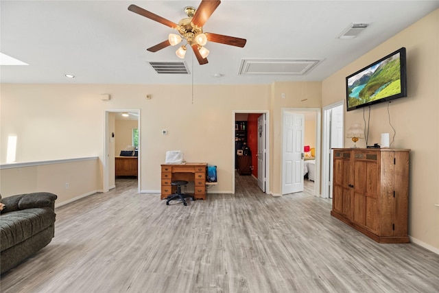 17706 Riata Lake Dr, Cypress, TX 77433 - living area with attic access, light wood-style floors, a ceiling fan, and recessed lighting
