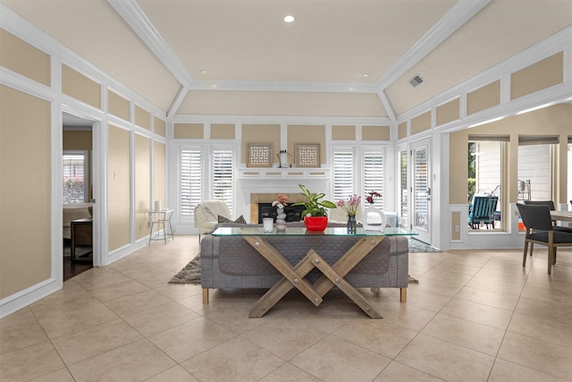 9311 Windrush Dr, Spring, TX 77379 - living area featuring crown molding, a fireplace, light tile patterned floors, and recessed lighting