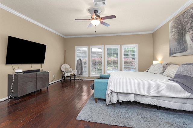 9311 Windrush Dr, Spring, TX 77379 - bedroom with wood-type flooring, ornamental molding, and ceiling fan