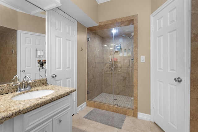 9311 Windrush Dr, Spring, TX 77379 - full bath with a stall shower, vanity, and tile patterned floors