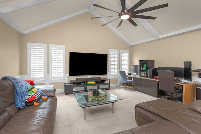 9311 Windrush Dr, Spring, TX 77379 - living area featuring a ceiling fan, carpet flooring, a desk, beam ceiling, and high vaulted ceiling