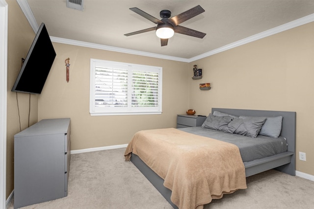 9311 Windrush Dr, Spring, TX 77379 - bedroom with ornamental molding, light carpet, and ceiling fan