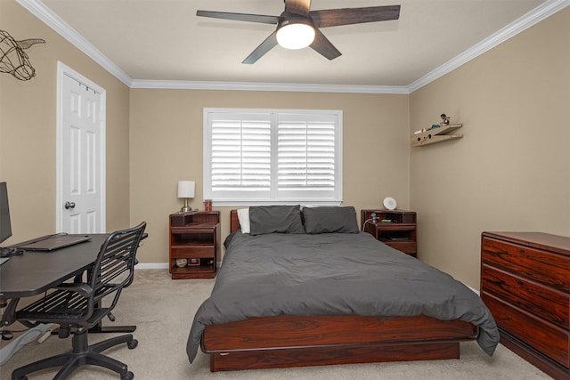 9311 Windrush Dr, Spring, TX 77379 - bedroom featuring light carpet, crown molding, a desk, and a ceiling fan