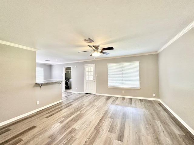 5818 Birchmont Dr, Houston, TX 77092 - unfurnished living room with ornamental molding, a ceiling fan, and wood finished floors