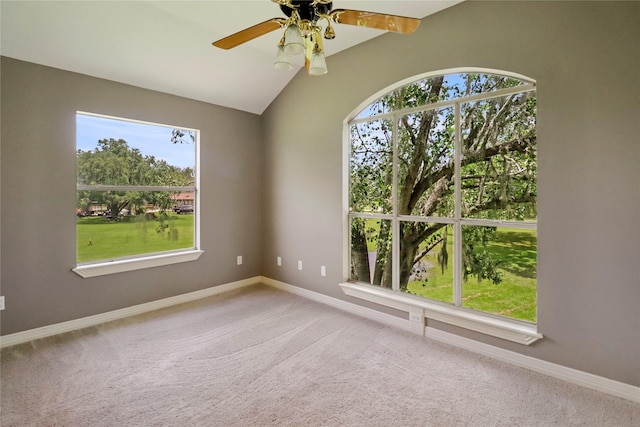 105 Sally Lake Ct, Angleton, TX 77515 - empty room with a ceiling fan, carpet flooring, and vaulted ceiling