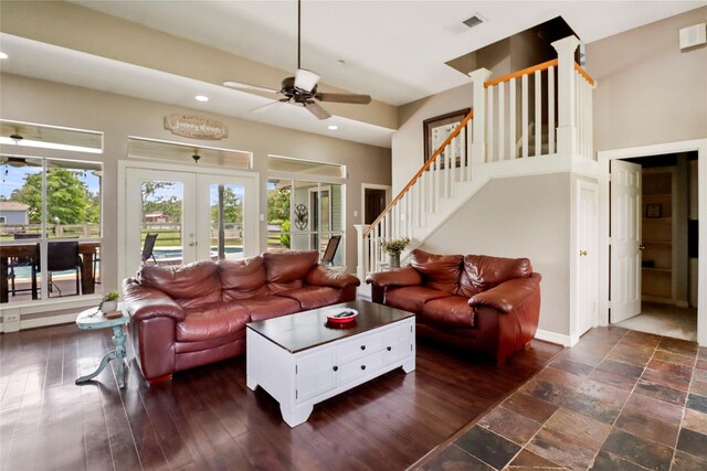 105 Sally Lake Ct, Angleton, TX 77515 - living area with recessed lighting, a ceiling fan, stairs, and french doors