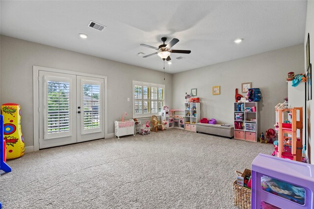1002 Pleasant Pines Ln, Pinehurst, TX 77362 - game room featuring ceiling fan, carpet, french doors, and recessed lighting