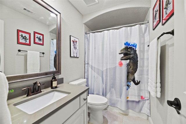 1002 Pleasant Pines Ln, Pinehurst, TX 77362 - full bathroom with vanity, tile patterned floors, a textured wall, and curtained shower