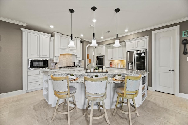 1002 Pleasant Pines Ln, Pinehurst, TX 77362 - kitchen with stainless steel appliances, open shelves, backsplash, white cabinetry, and recessed lighting