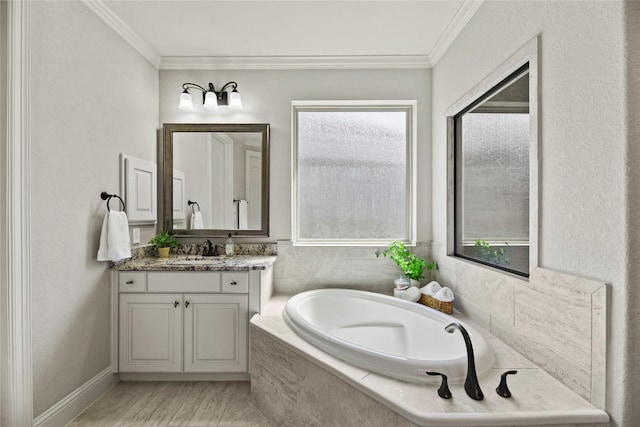 1002 Pleasant Pines Ln, Pinehurst, TX 77362 - bathroom with vanity, ornamental molding, and a bath