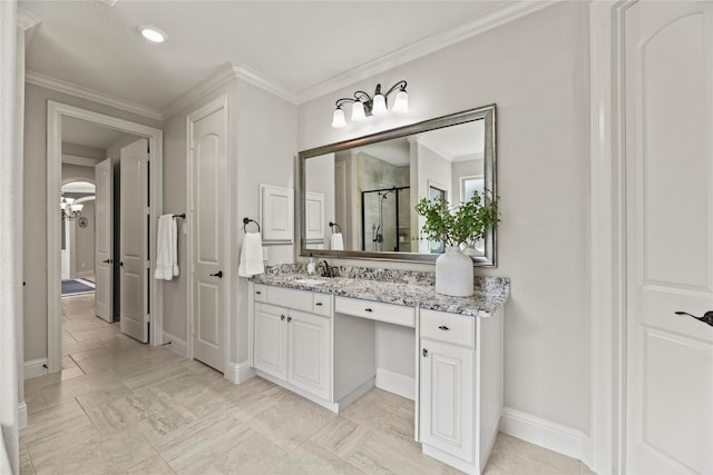 1002 Pleasant Pines Ln, Pinehurst, TX 77362 - bathroom with a stall shower, vanity, and crown molding