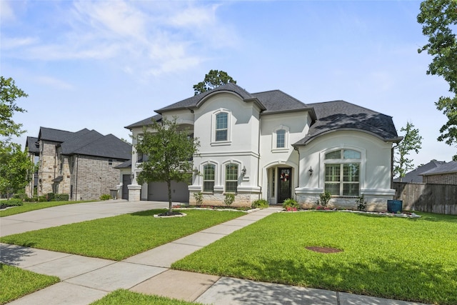 1002 Pleasant Pines Ln, Pinehurst, TX 77362 - french country home with concrete driveway, stucco siding, a garage, and stone siding