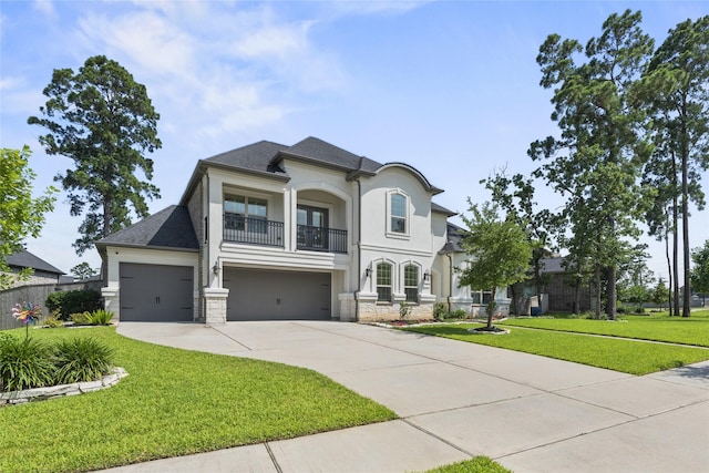 1002 Pleasant Pines Ln, Pinehurst, TX 77362 - french country inspired facade featuring a balcony, stucco siding, driveway, a front lawn, and stone siding