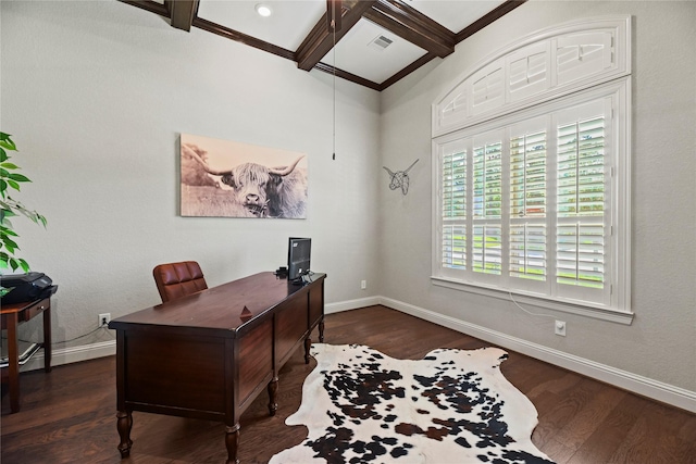 1002 Pleasant Pines Ln, Pinehurst, TX 77362 - office featuring beam ceiling, wood finished floors, and a baseboard heating unit