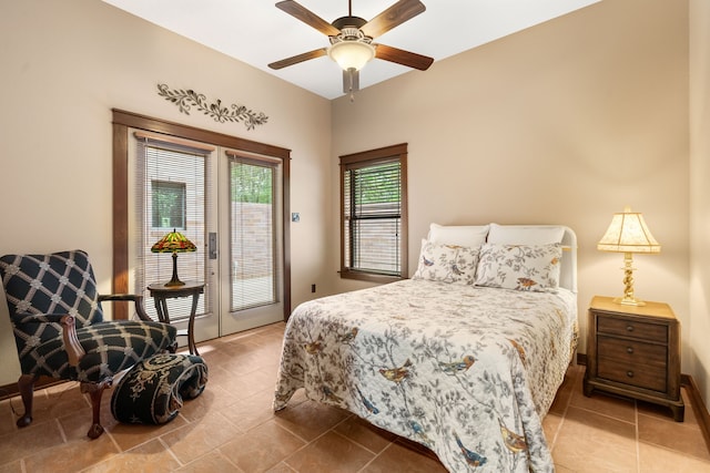 15608 Queen Victoria Ct, Montgomery, TX 77316 - bedroom featuring access to exterior, ceiling fan, and tile patterned flooring