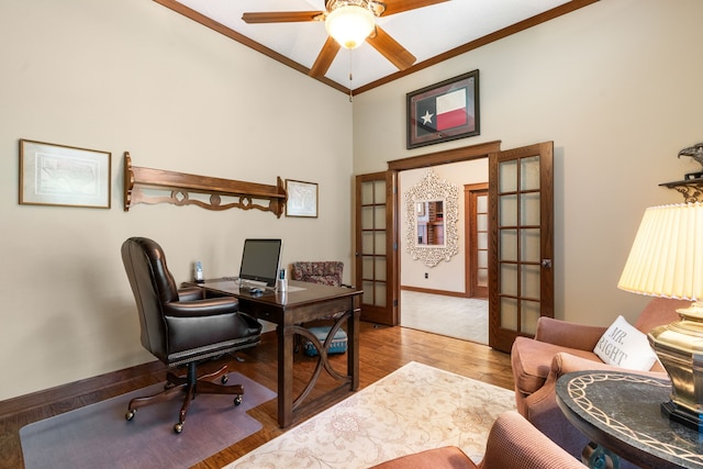 15608 Queen Victoria Ct, Montgomery, TX 77316 - office featuring french doors, crown molding, ceiling fan, and wood finished floors
