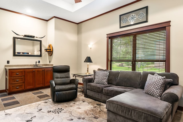 15608 Queen Victoria Ct, Montgomery, TX 77316 - living area featuring bar with sink and crown molding