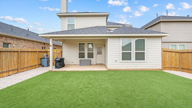 17734 Pensford Way, Tomball, TX 77377 - rear view of property featuring a fenced backyard, a patio, a chimney, and a shingled roof