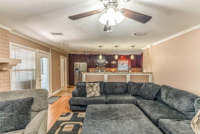 410 Shadywood Cir, Conroe, TX 77304 - living room with crown molding, light wood-style flooring, ceiling fan, and a textured ceiling