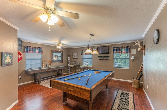 410 Shadywood Cir, Conroe, TX 77304 - game room featuring crown molding, billiards table, wood finished floors, ceiling fan, and a textured ceiling