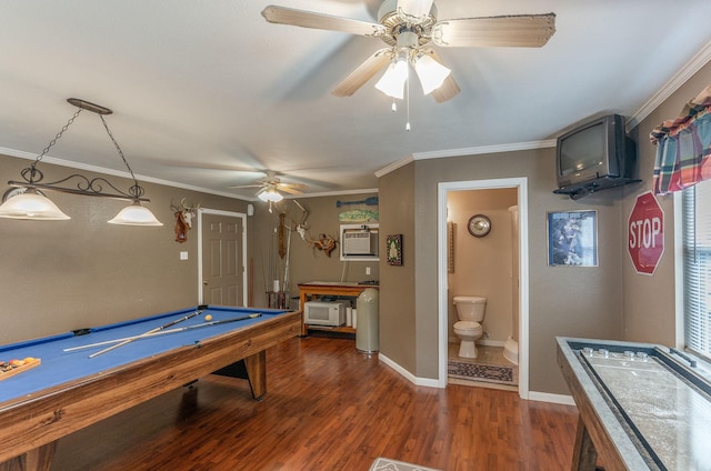 410 Shadywood Cir, Conroe, TX 77304 - rec room featuring a ceiling fan, billiards table, wood finished floors, and ornamental molding