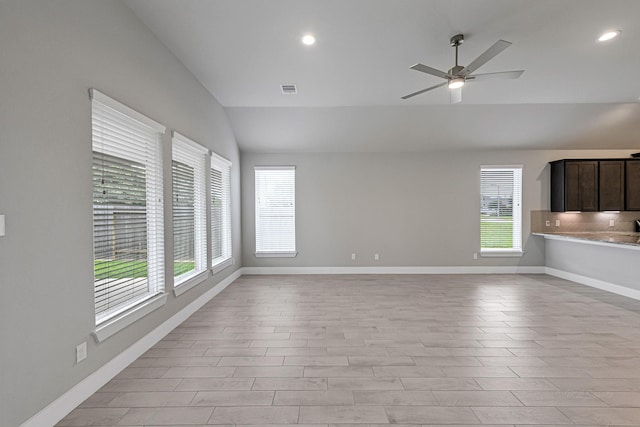 14715 Poplar Lake Trl, Cypress, TX 77429 - unfurnished living room with lofted ceiling, a ceiling fan, recessed lighting, and light wood-style floors